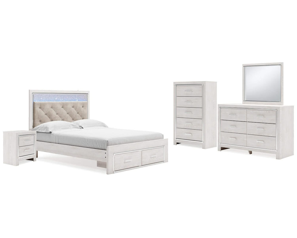Cama Queen Altyra con almacenaje, tocador, espejo, cómoda y mesita de noche