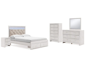 Cama Queen Altyra con almacenaje, tocador, espejo, cómoda y mesita de noche