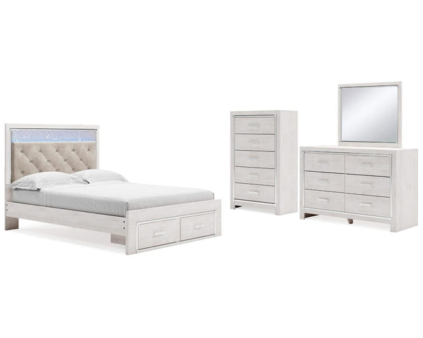 Cama Queen Altyra con almacenamiento, tocador, espejo y cómoda