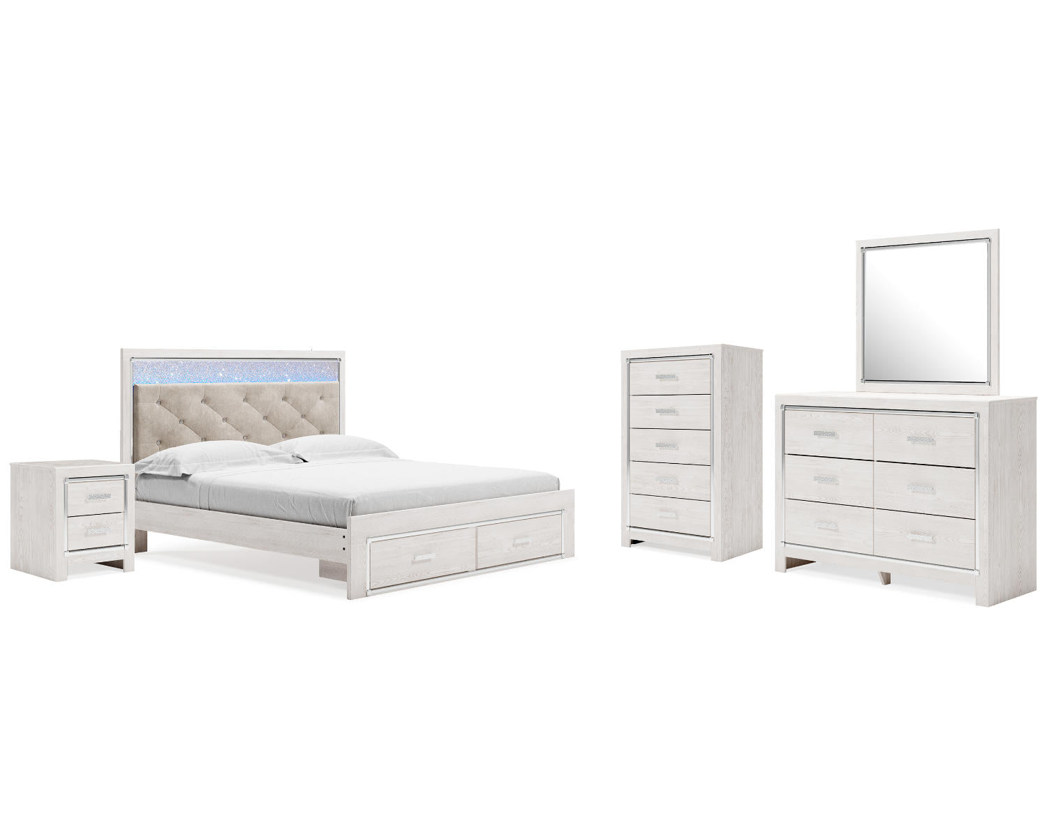 Altyra King Upholstered Storage Bed, Dresser, Mirror, Chest, and Nightstand