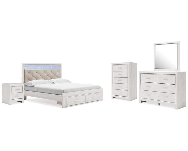 Cama King Altyra con almacenaje tapizado, tocador, espejo, cómoda y mesita de noche