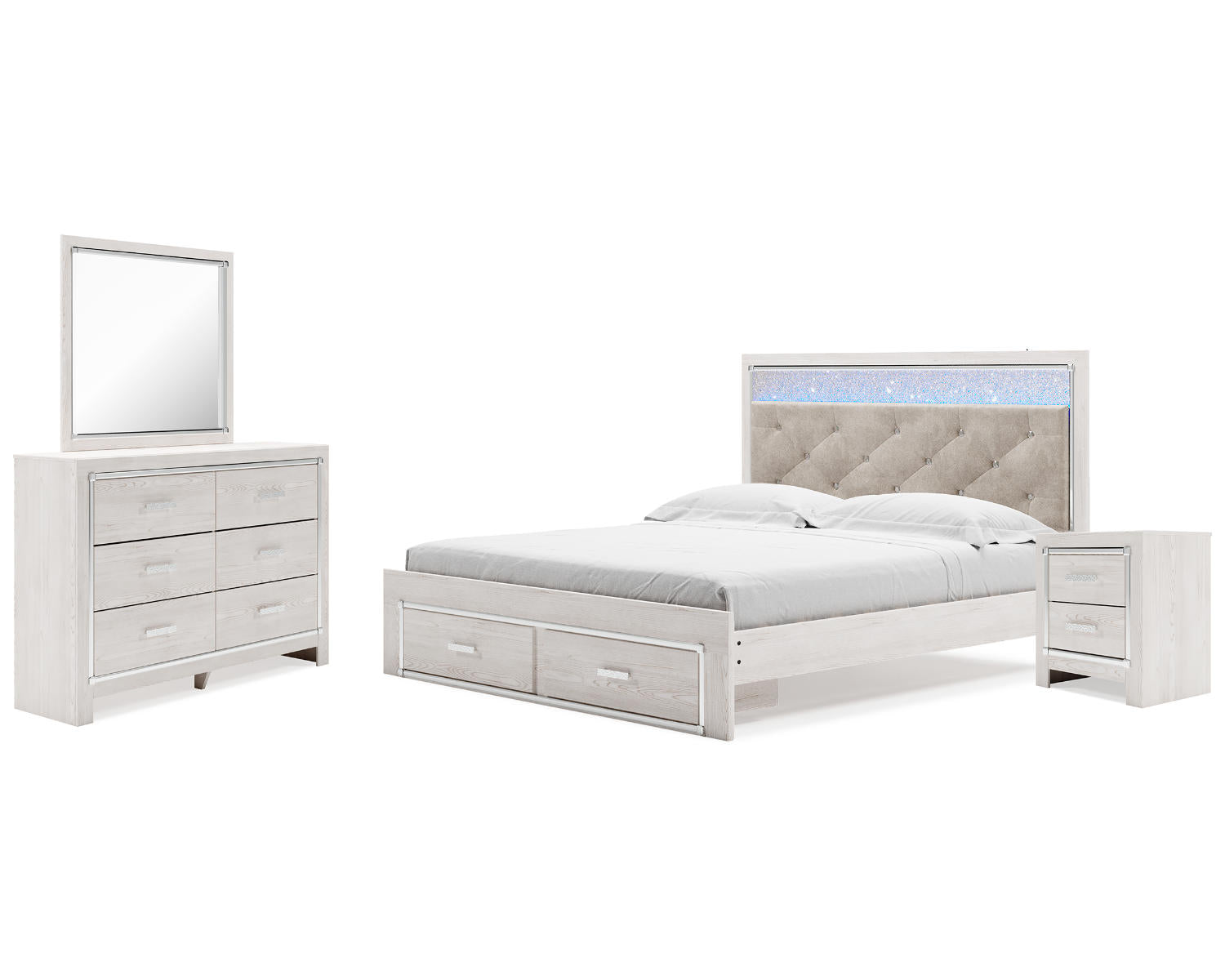 Altyra King Upholstered Panel Storage Bed, Dresser, Mirror and Nightstand