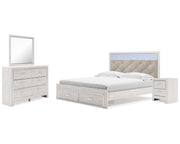 Altyra King Upholstered Panel Storage Bed, Dresser, Mirror and Nightstand