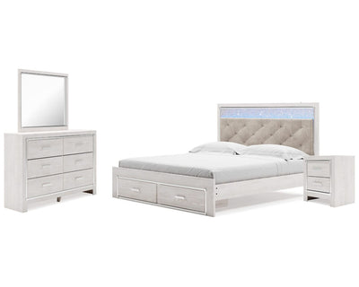 Cama Altyra King con almacenamiento, tocador, espejo y mesita de noche con paneles tapizados