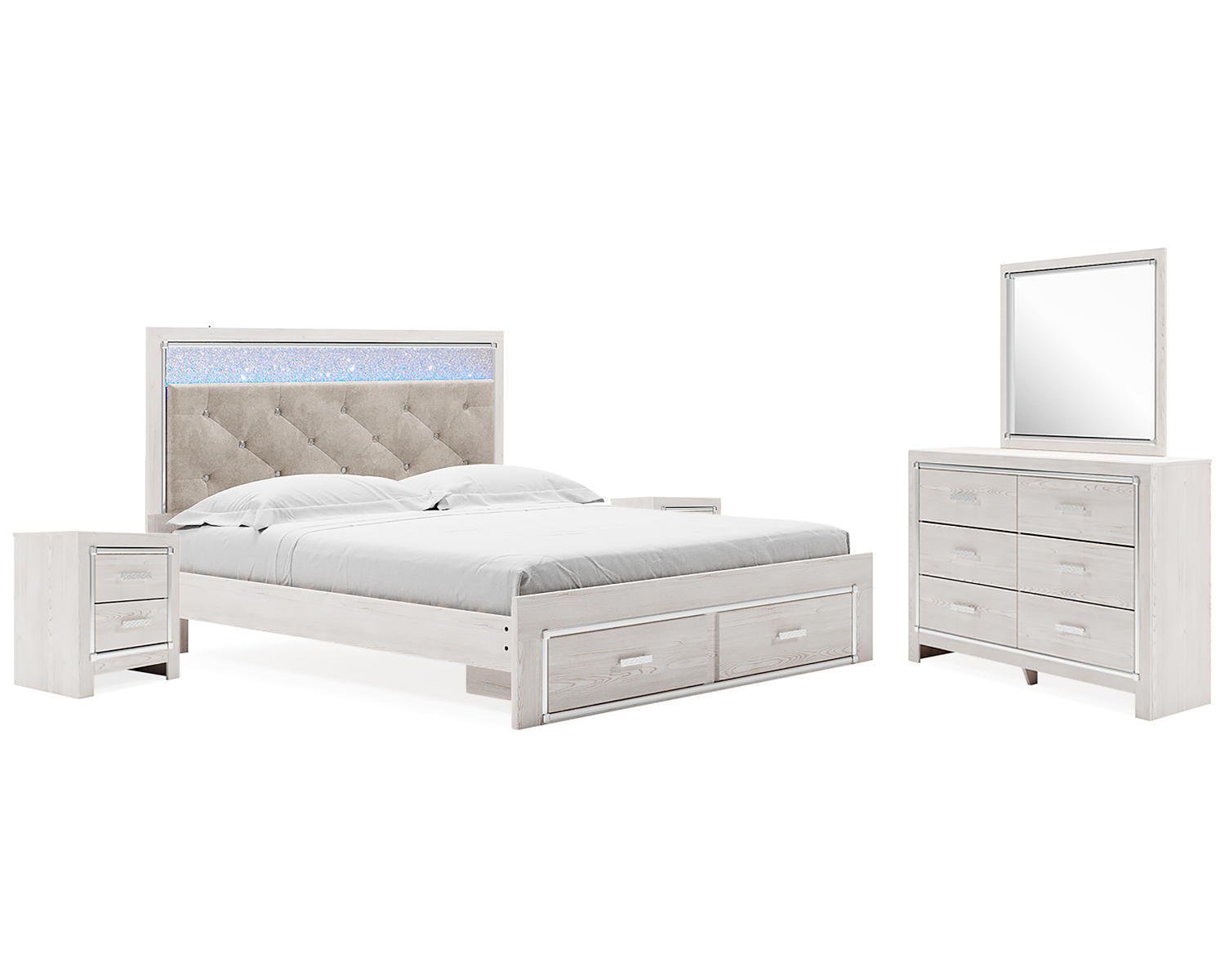 Altyra King Upholstered Storage Bed, Dresser, Mirror and 2 Nightstands