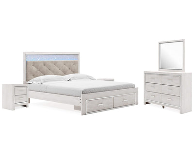 Cama King Altyra tapizada con almacenaje, tocador, espejo y dos mesitas de noche