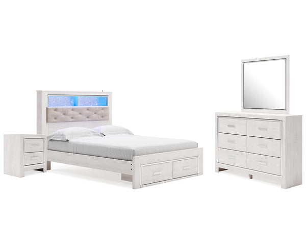 Cama Queen Altyra con almacenamiento, tocador, espejo y mesita de noche