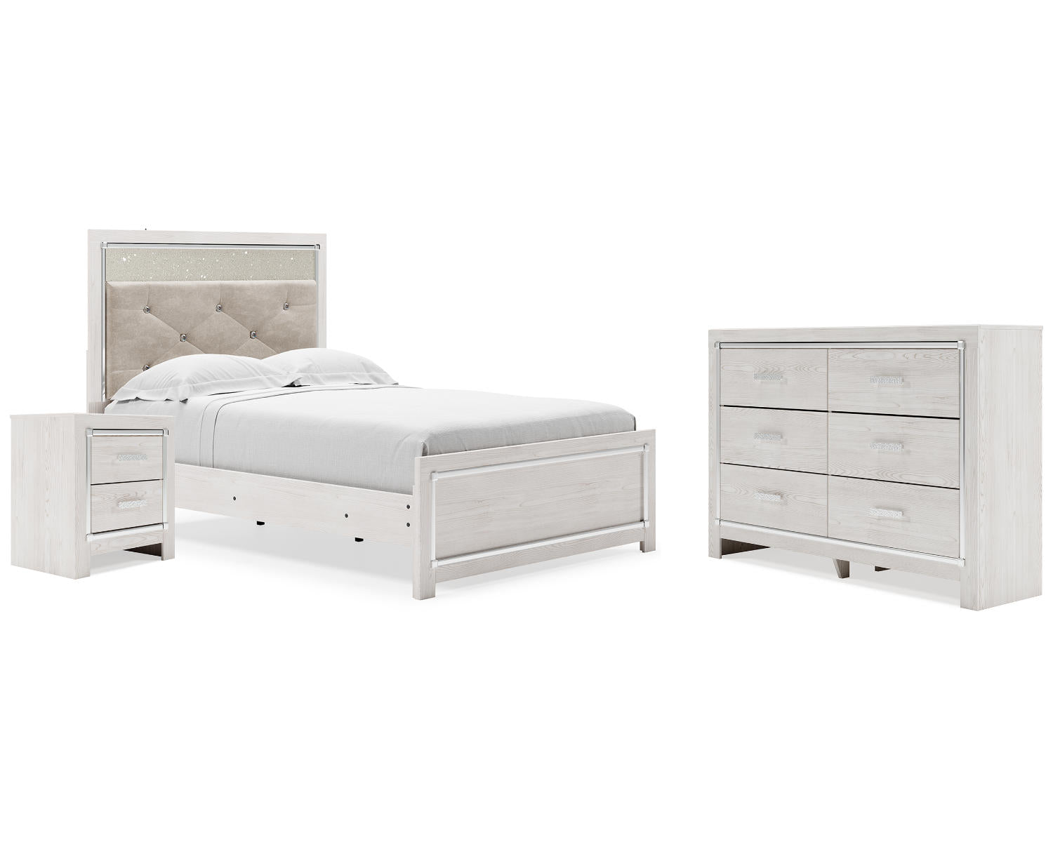Altyra Full Upholstered Panel Bed, Dresser and Nightstand
