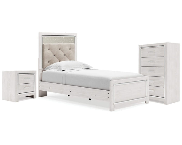 Cama individual con paneles, cómoda y mesita de noche Altyra
