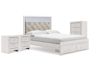 Cama Queen Altyra con almacenaje, cómoda y dos mesitas de noche