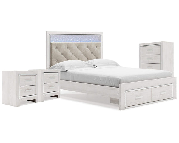 Cama Queen Altyra con almacenaje, cómoda y dos mesitas de noche