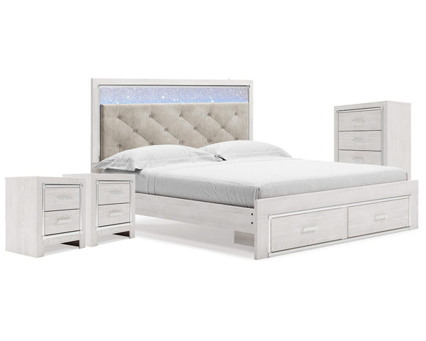 Cama King Altyra con almacenaje, cómoda y dos mesitas de noche