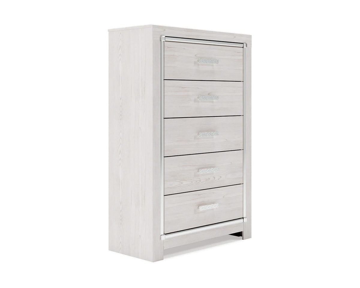 Cama Queen Altyra con almacenaje, cómoda y dos mesitas de noche