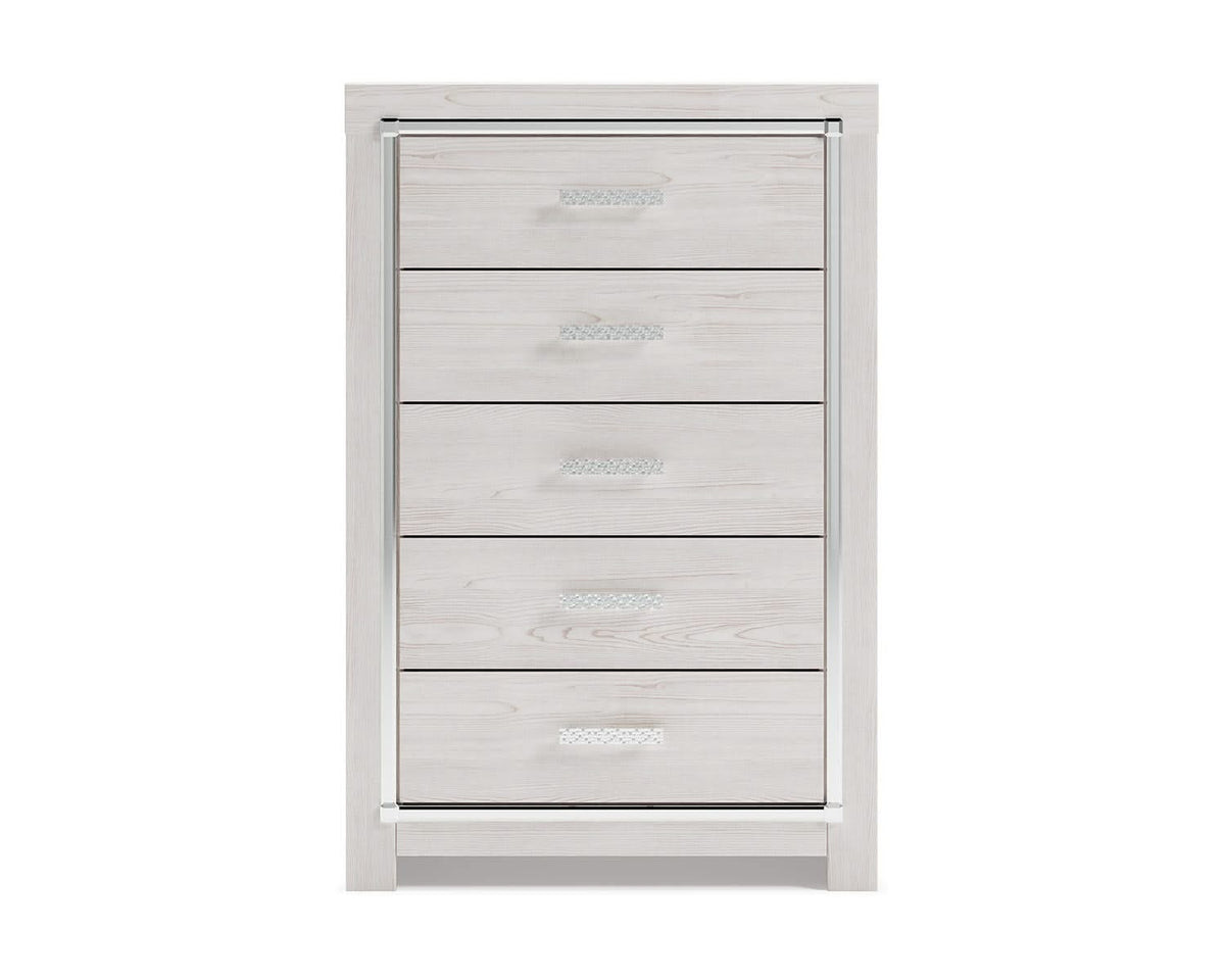 Cama Queen Altyra con almacenaje, cómoda y dos mesitas de noche