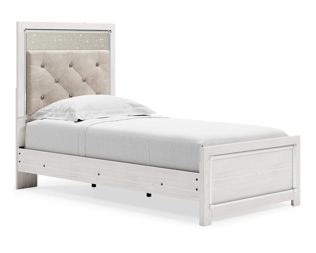 Cama individual Altyra con paneles, cómoda, espejo y mesita de noche
