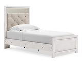 Cama individual Altyra con paneles, cómoda, espejo y mesita de noche