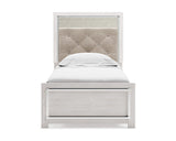 Cama individual Altyra con paneles, cómoda, espejo y mesita de noche