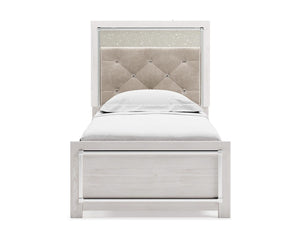 Cama individual Altyra con paneles, cómoda, espejo y mesita de noche
