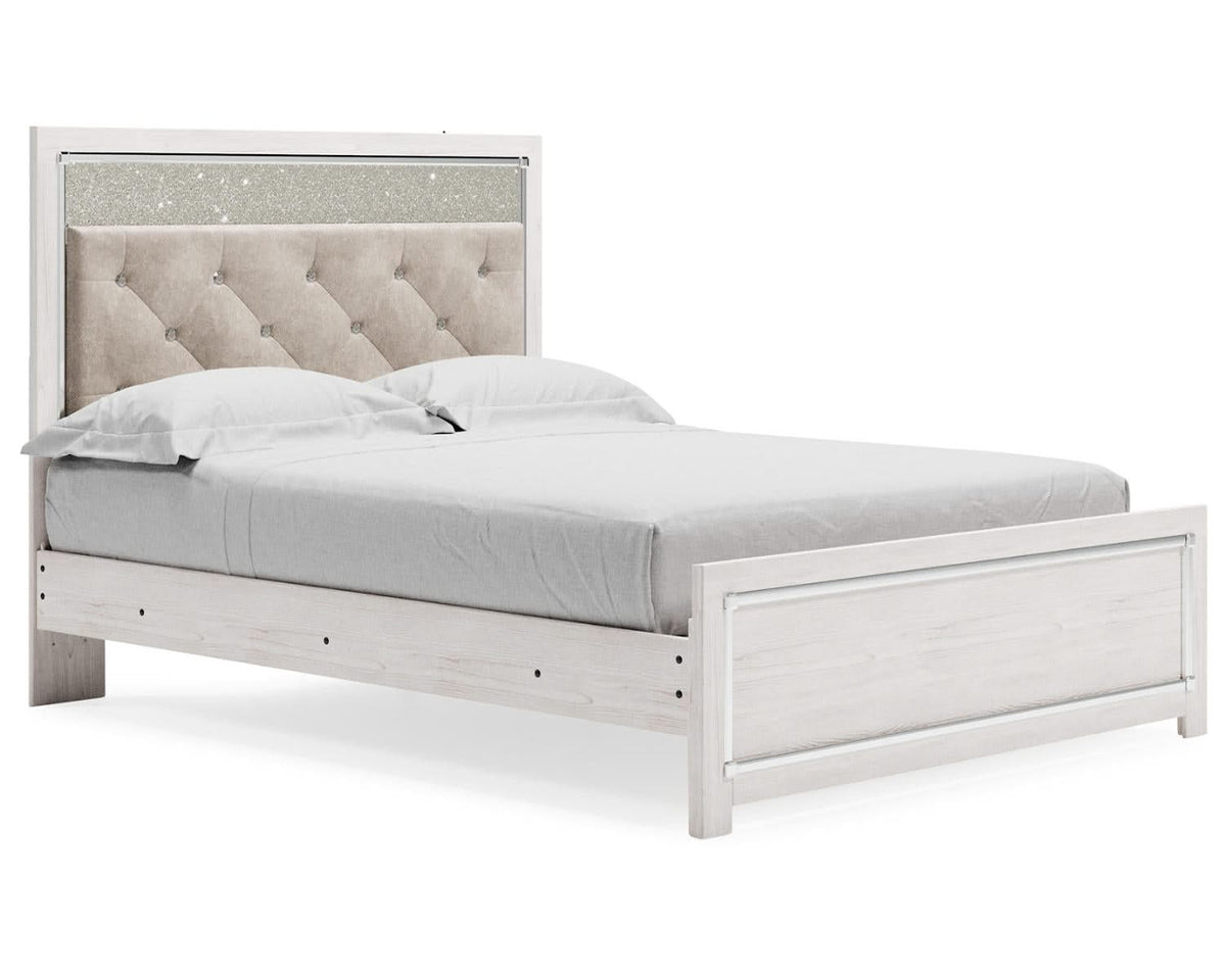 Cama Queen Altyra con paneles tapizados, tocador, espejo y mesita de noche