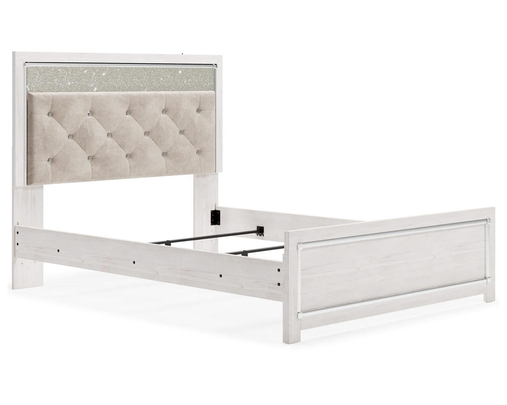 Cama Queen Altyra con paneles tapizados, tocador, espejo y mesita de noche