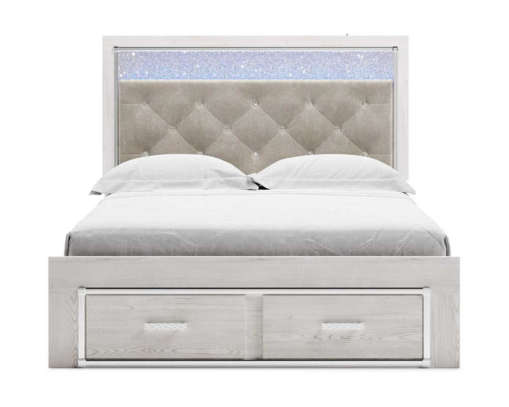 Cama Queen Altyra con almacenaje, cómoda y dos mesitas de noche