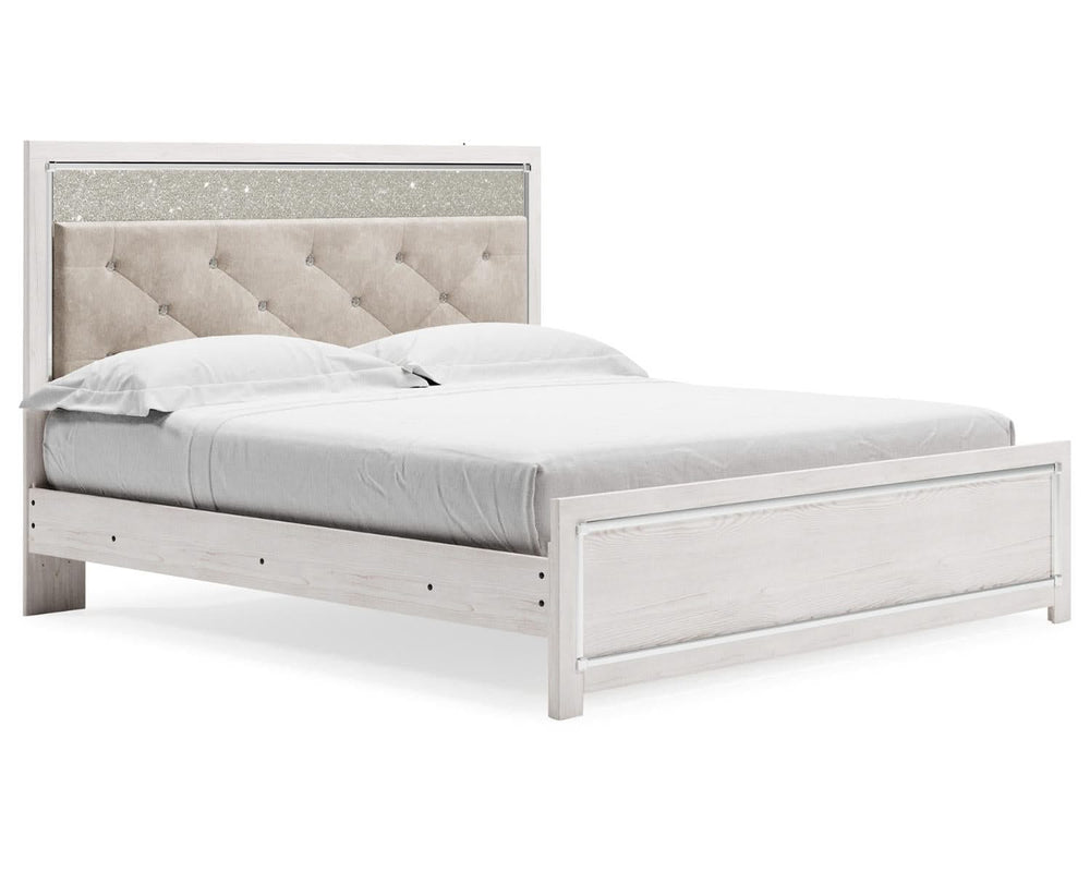 Altyra King Upholstered Panel Bed, Dresser, Mirror, and Nightstand