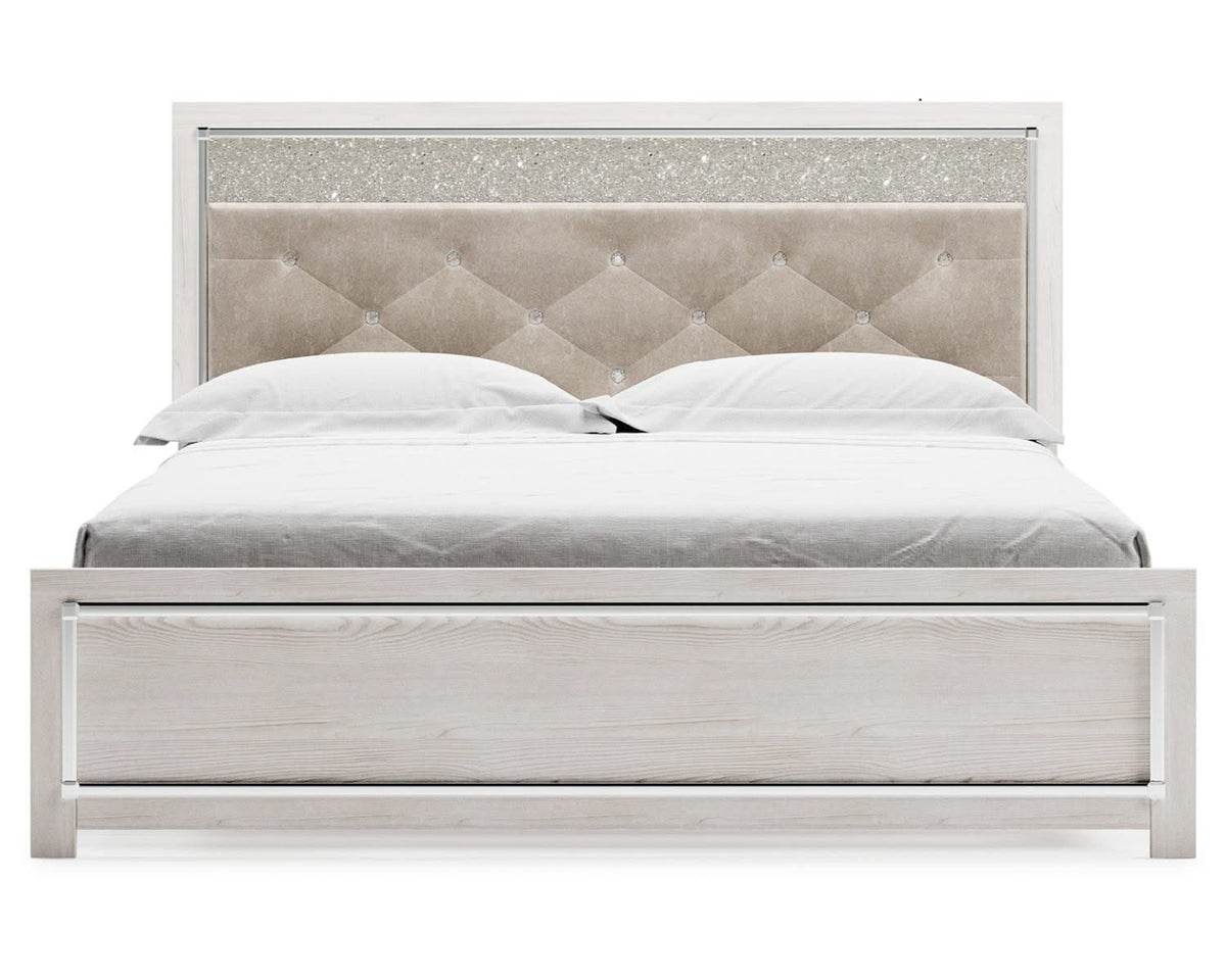 Altyra King Upholstered Panel Bed, Dresser, Mirror, and Nightstand