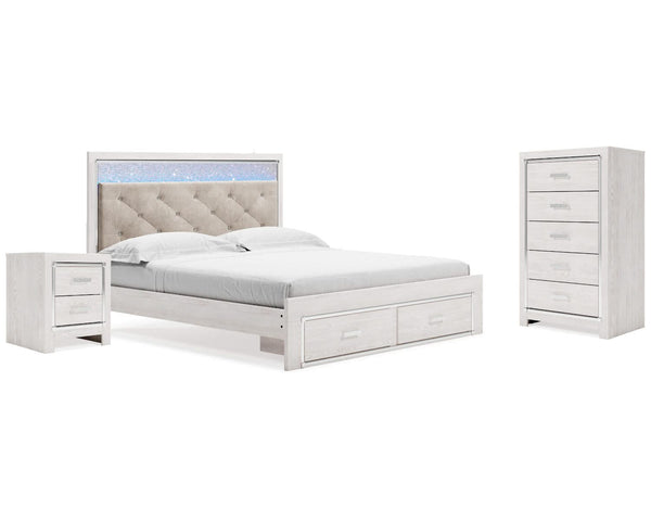 Cama King con almacenaje, cómoda y mesita de noche Altyra