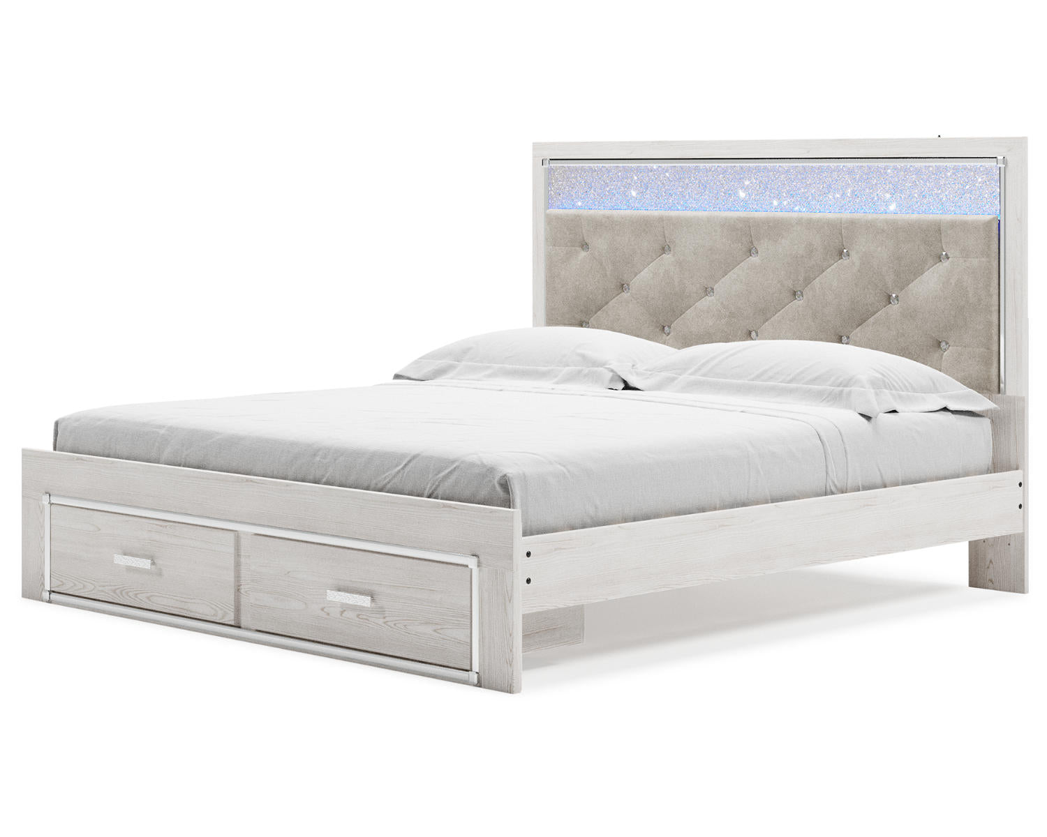 Altyra King Upholstered Panel Storage Bed, Dresser, Mirror and Nightstand