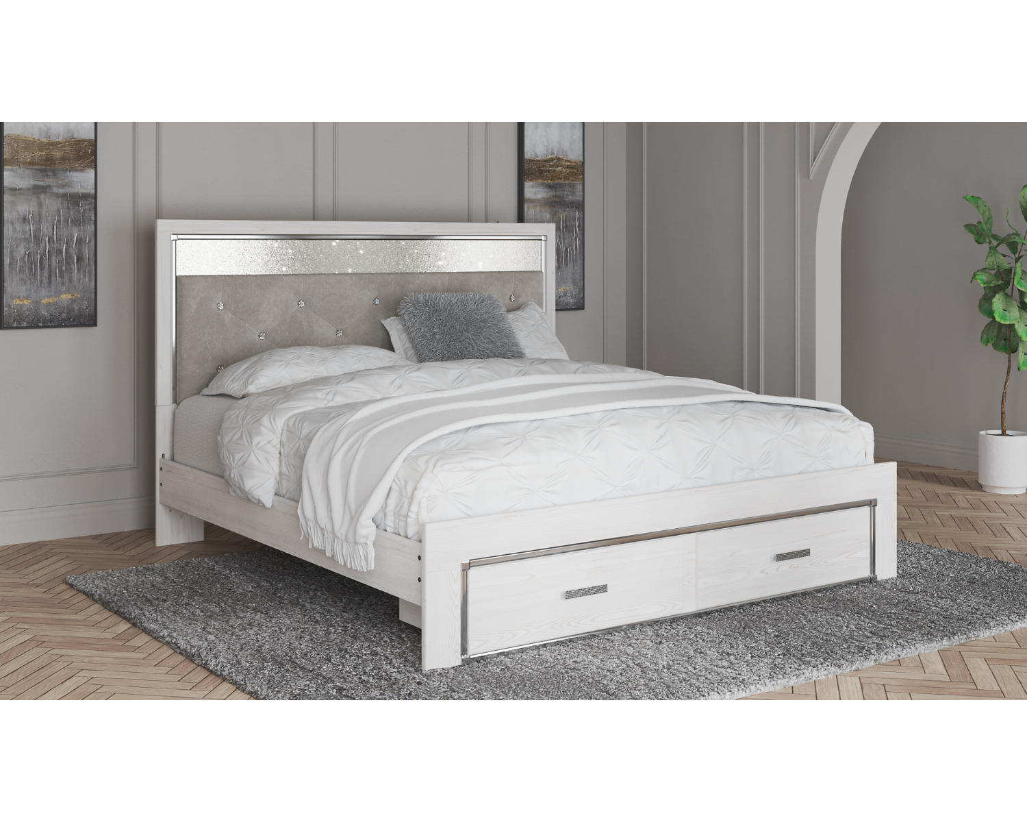 Altyra King Upholstered Storage Bed, Dresser, Mirror, Chest, and Nightstand
