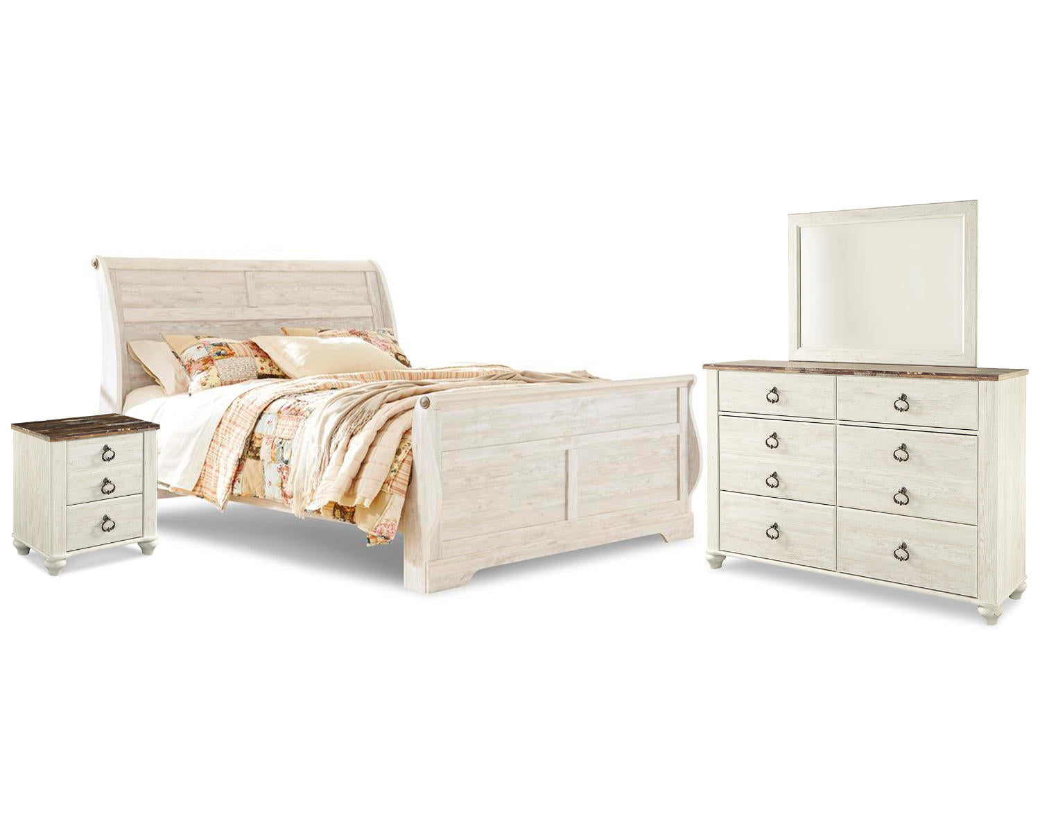 Willowton King Sleigh Bed, Dresser, Mirror and Nightstand