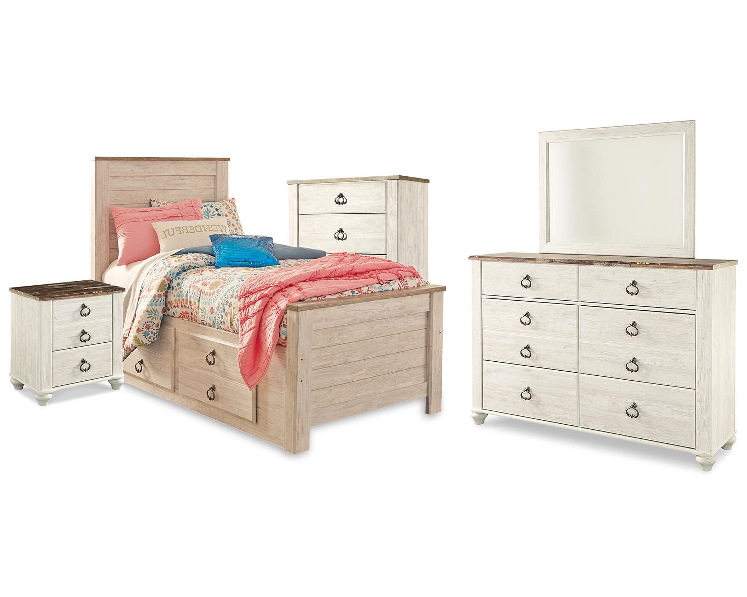 Willowton Twin Bed with Storage, Dresser, Mirror, Chest and Nightstand