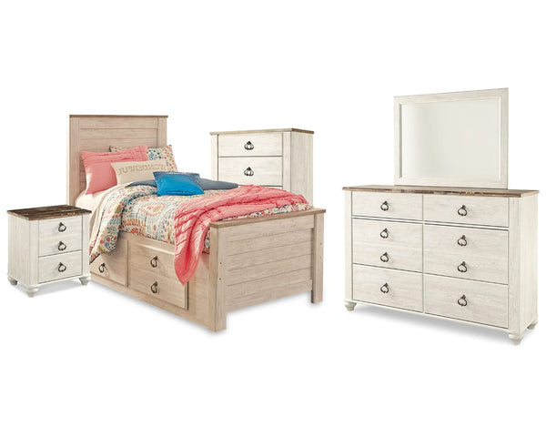Cama individual Willowton con espacio de almacenaje, tocador, espejo, cómoda y mesita de noche