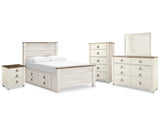 Cama Willowton con paneles completos, espacio de almacenamiento, tocador, espejo, cómoda y mesita de noche