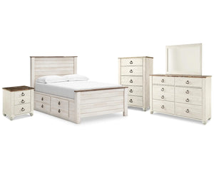 Cama Willowton con paneles completos, espacio de almacenamiento, tocador, espejo, cómoda y mesita de noche