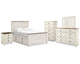 Cama Willowton con paneles completos, espacio de almacenamiento, tocador, espejo, cómoda y mesita de noche