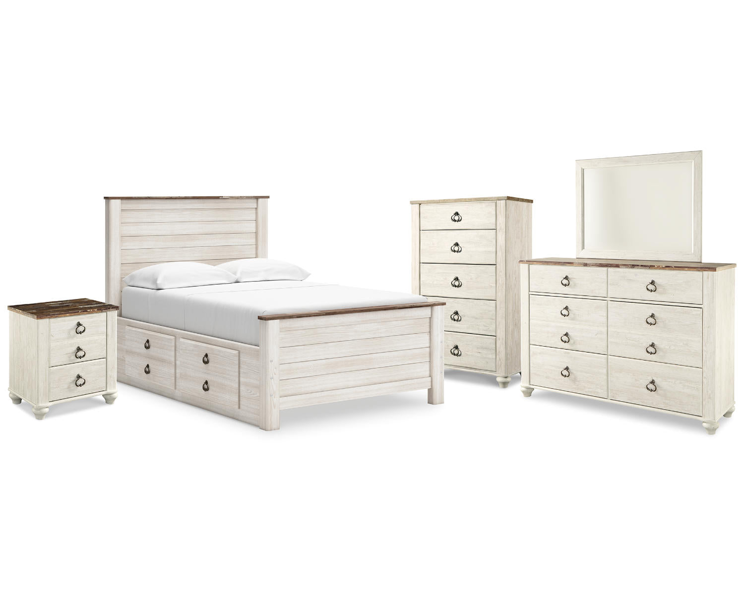 Willowton Full Panel Bed with storage, Dresser, Mirror, Chest and Nightstand