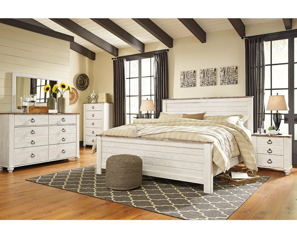 Cama Willowton King con paneles, tocador, espejo y mesita de noche