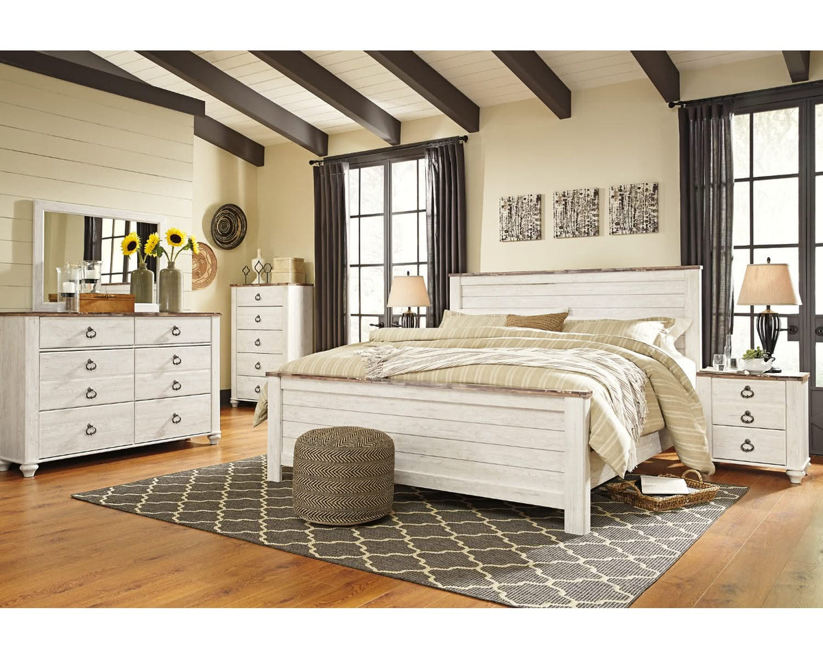 Cama Willowton King con paneles, tocador, espejo y mesita de noche