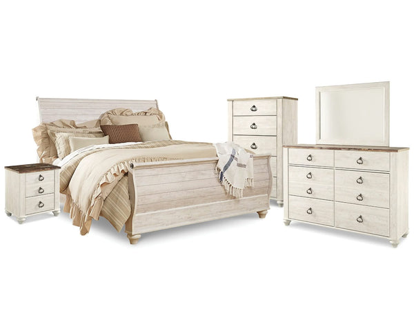 Cama Willowton King tipo trineo, tocador, espejo, cómoda y mesita de noche