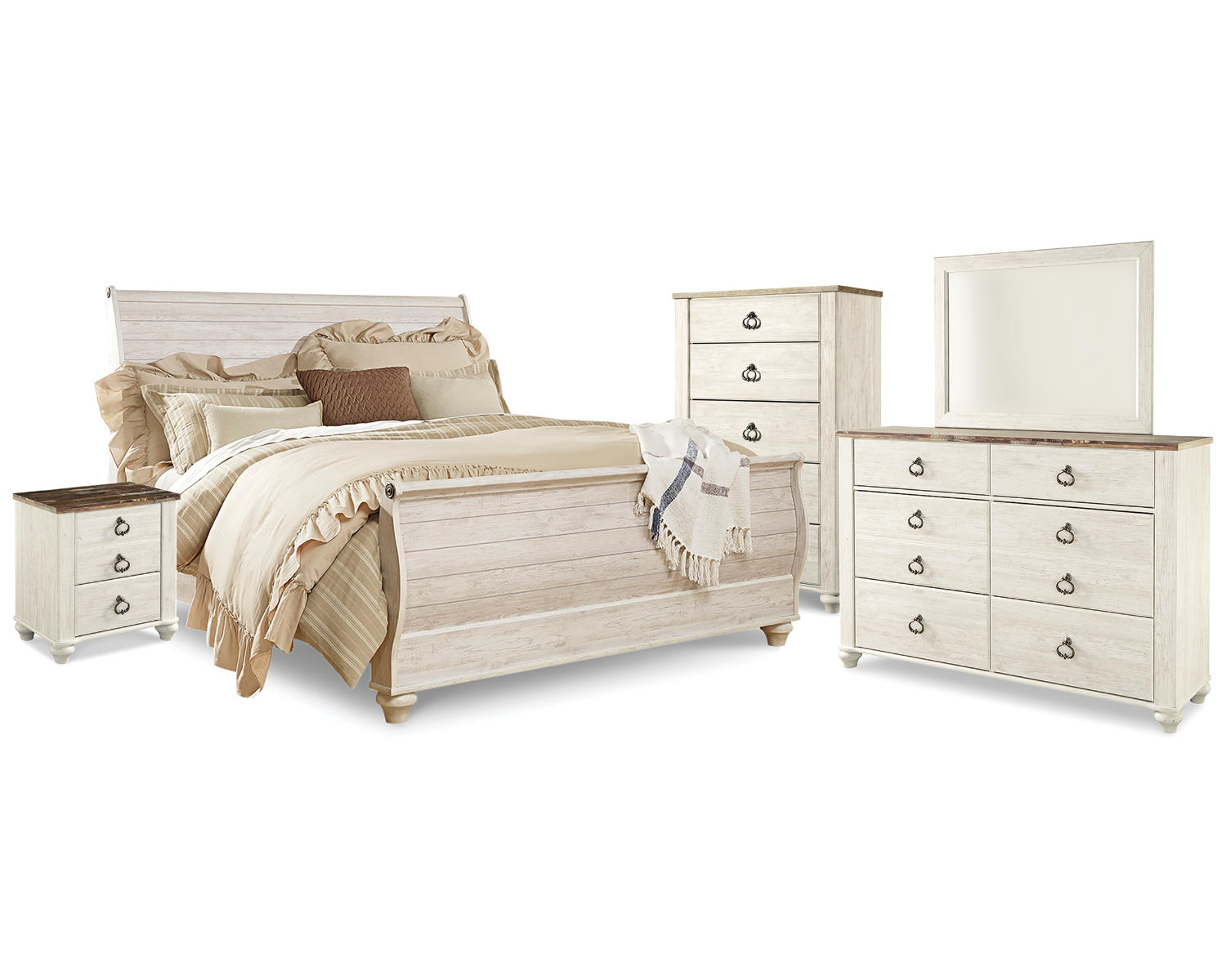 Willowton King Sleigh Bed, Dresser, Mirror, Chest and Nightstand