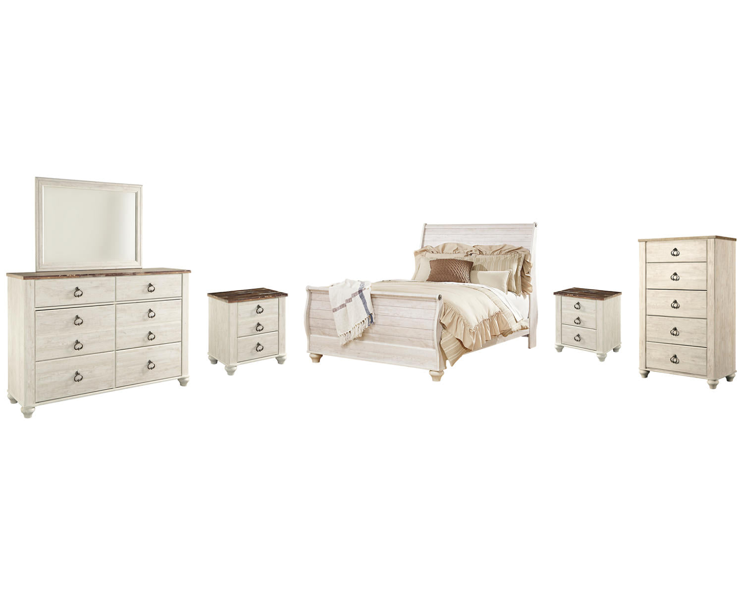Willowton Queen Sleigh Bed, Dresser, Mirror, Chest and 2 Nightstands