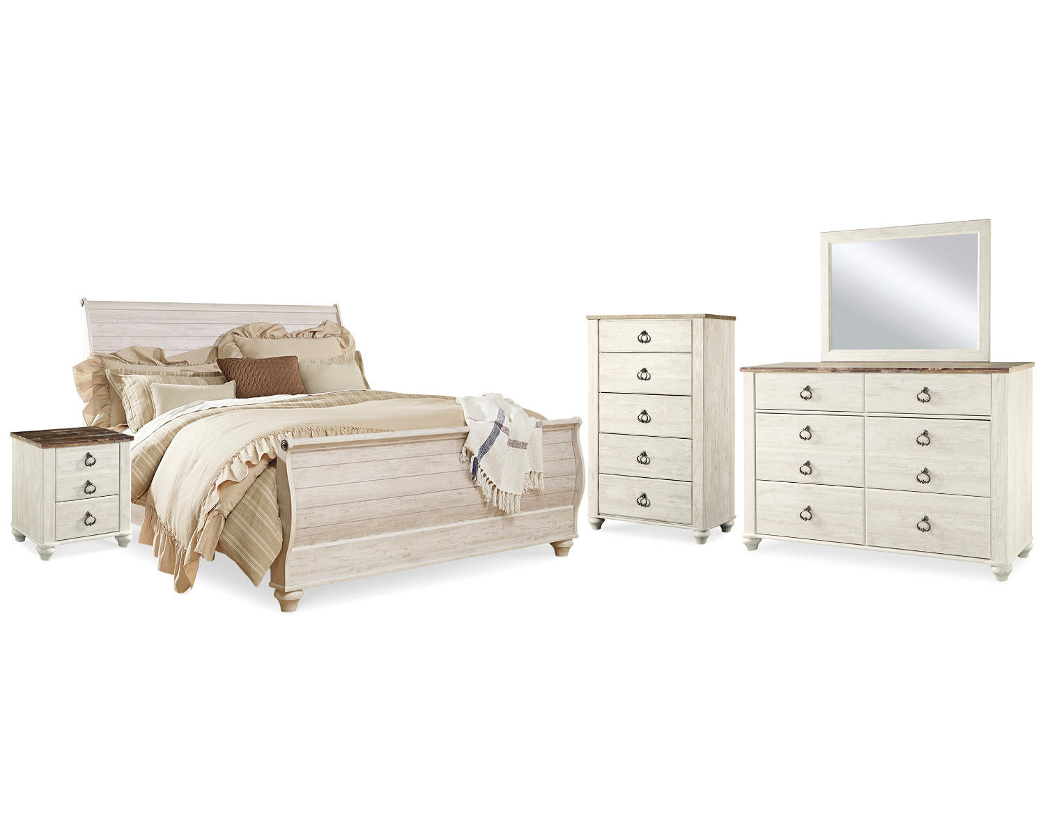 Willowton King Sleigh Bed, Dresser, Mirror, Chest and 2 Nightstands