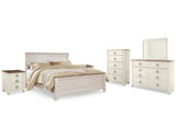 Cama Willowton King con paneles, tocador, espejo, cómoda y dos mesitas de noche