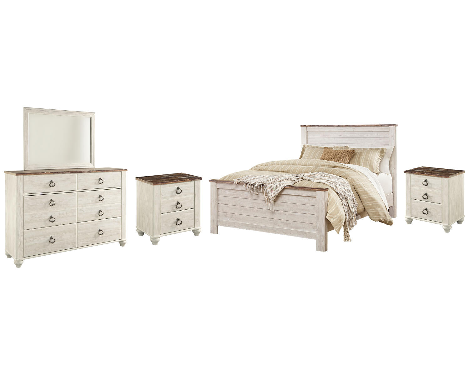Willowton Queen Panel Bed, Dresser, Mirror and 2 Nightstands