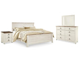 Cama Willowton King con paneles, tocador, espejo y mesita de noche