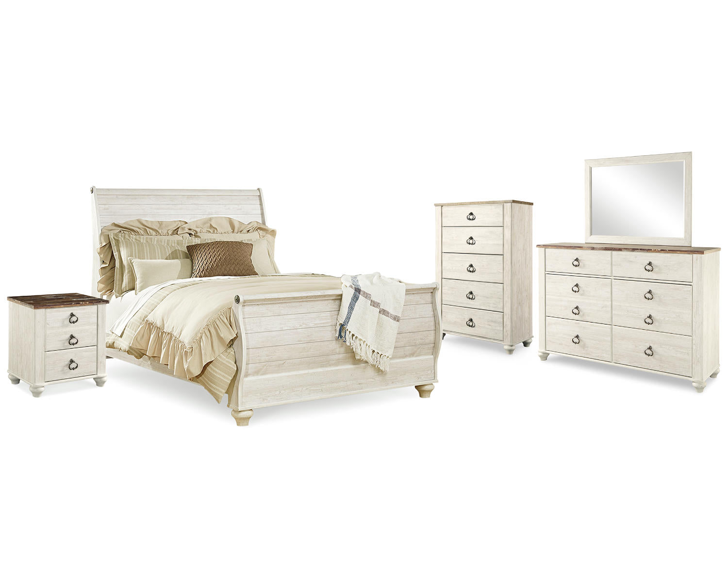 Willowton Queen Sleigh Bed, Dresser, Mirror, Chest and Nightstand