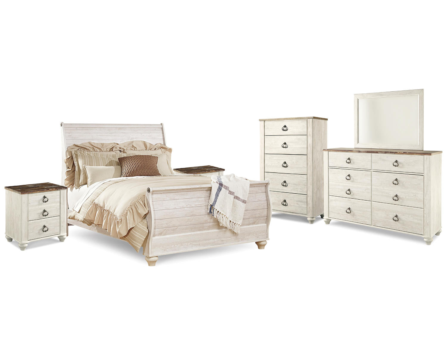 Willowton Queen Sleigh Bed, 2 Dressers, Mirror, Chest and 2 Nightstands