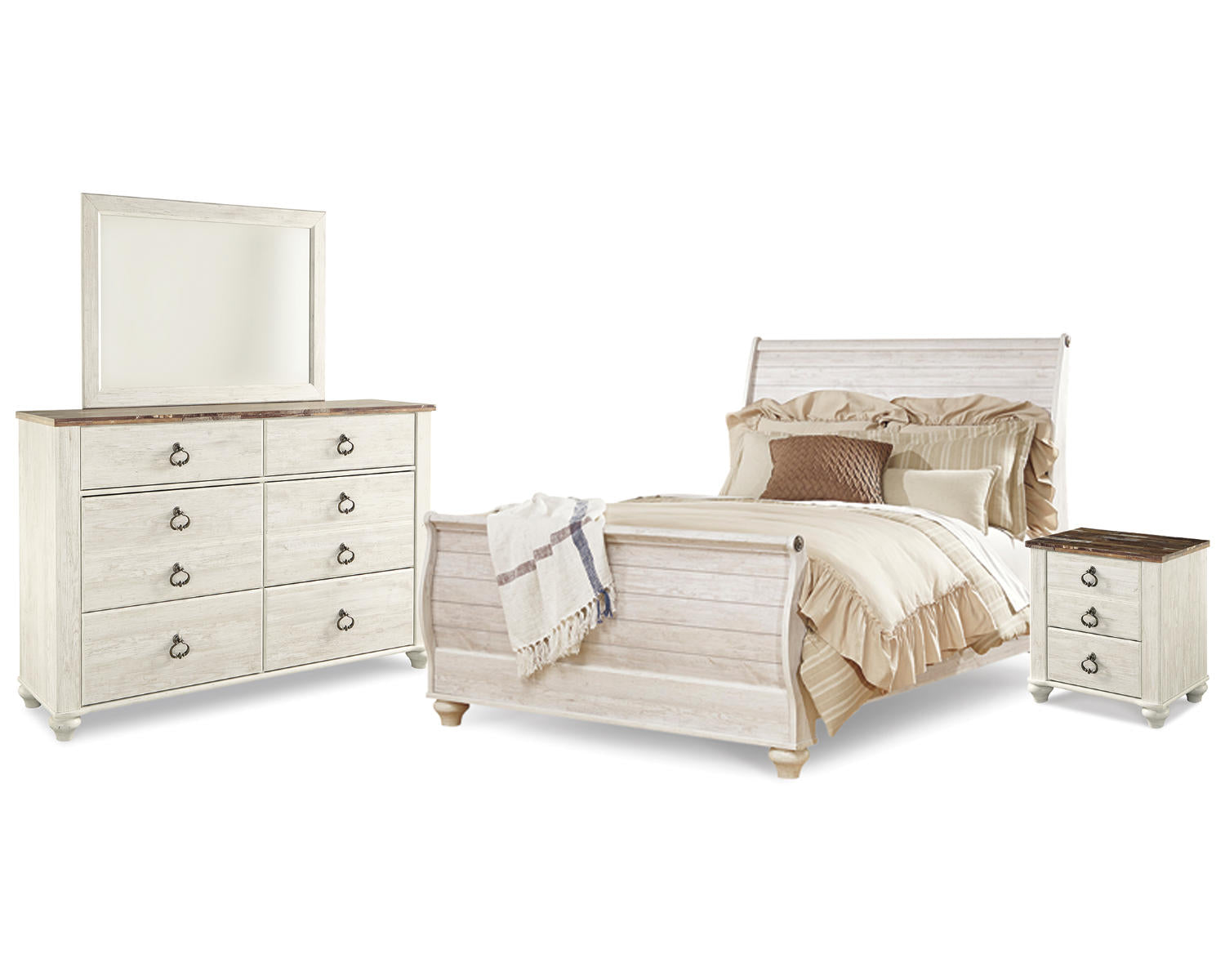 Willowton Queen Sleigh Bed with Mirrored Dresser and Nightstand