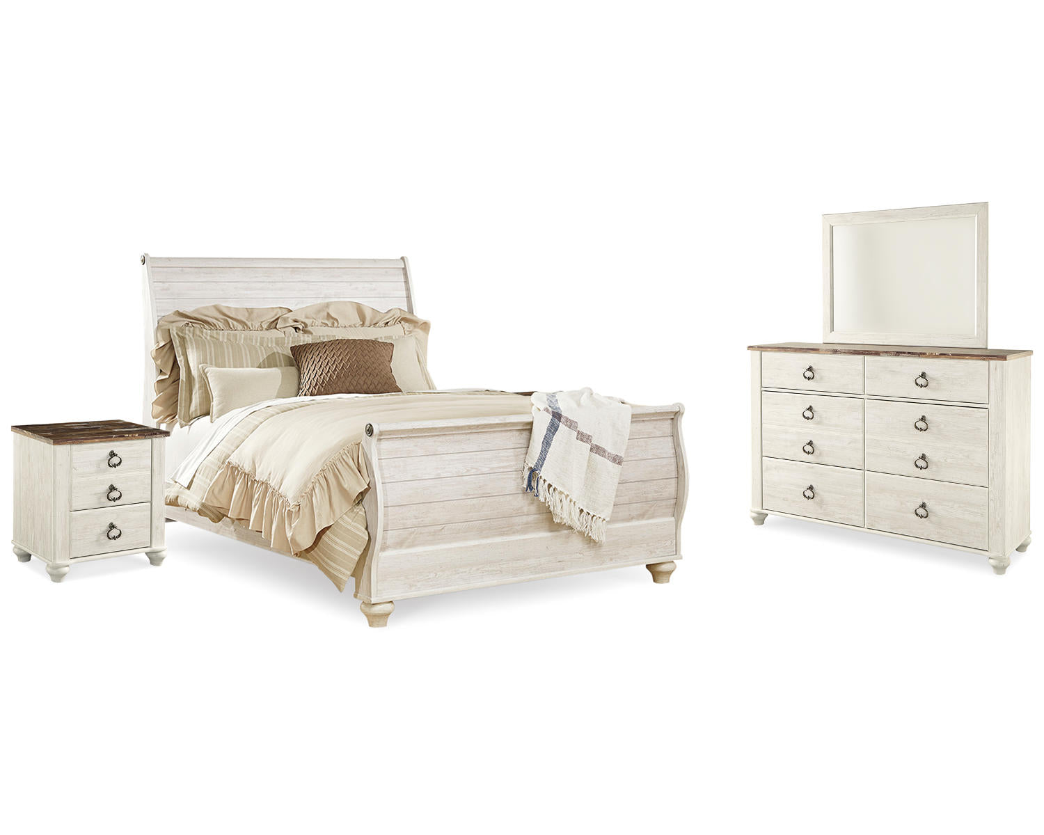 Willowton Queen Sleigh Bed, Dresser, Mirror and 2 Nightstands